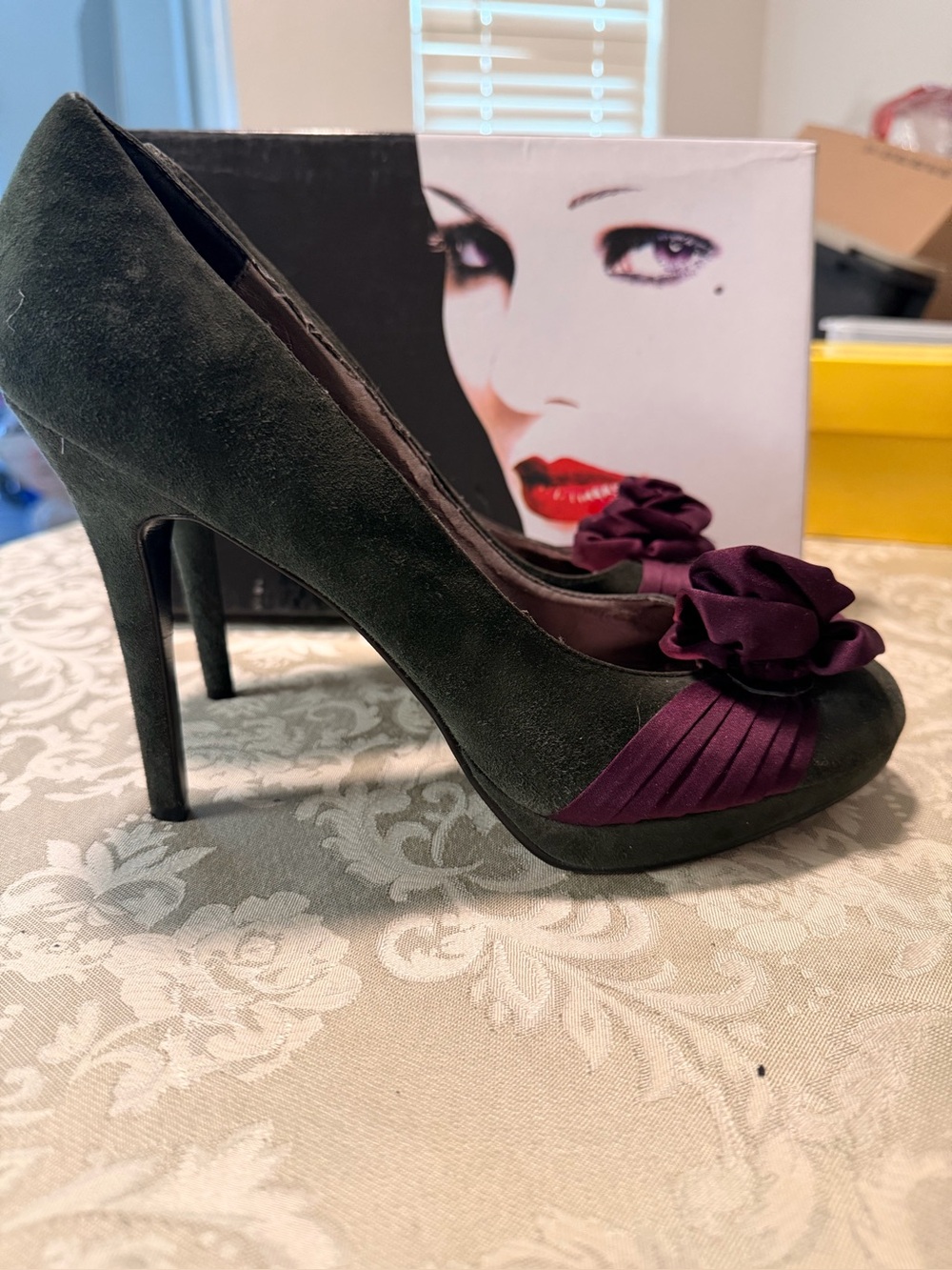 Beverly Feldman Rich Gray Suede Pumps with Deep Purple Rosette